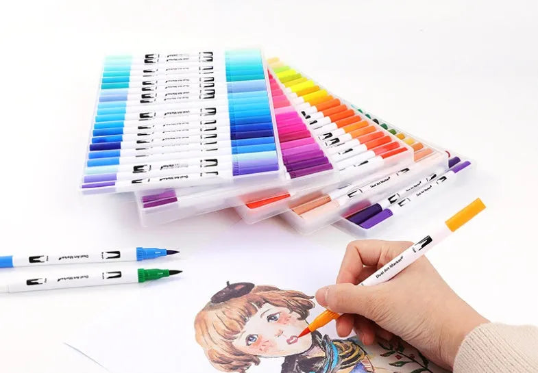 Set of watercolour brush pens with fine tips arranged by colour, showing options for 48, 60, 72, and 100 colour packs.