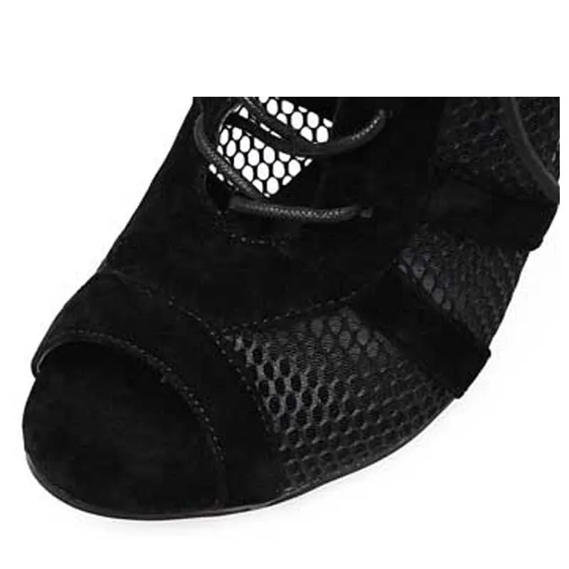 Black suede women's lace-up high heel shoes with 11.5cm heel on a plain background