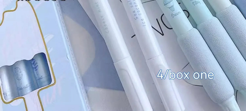 Four double-headed calligraphy practice pens with 0.5mm tips and fluorescent markers in cheese mint and sea salt ice cup colours.