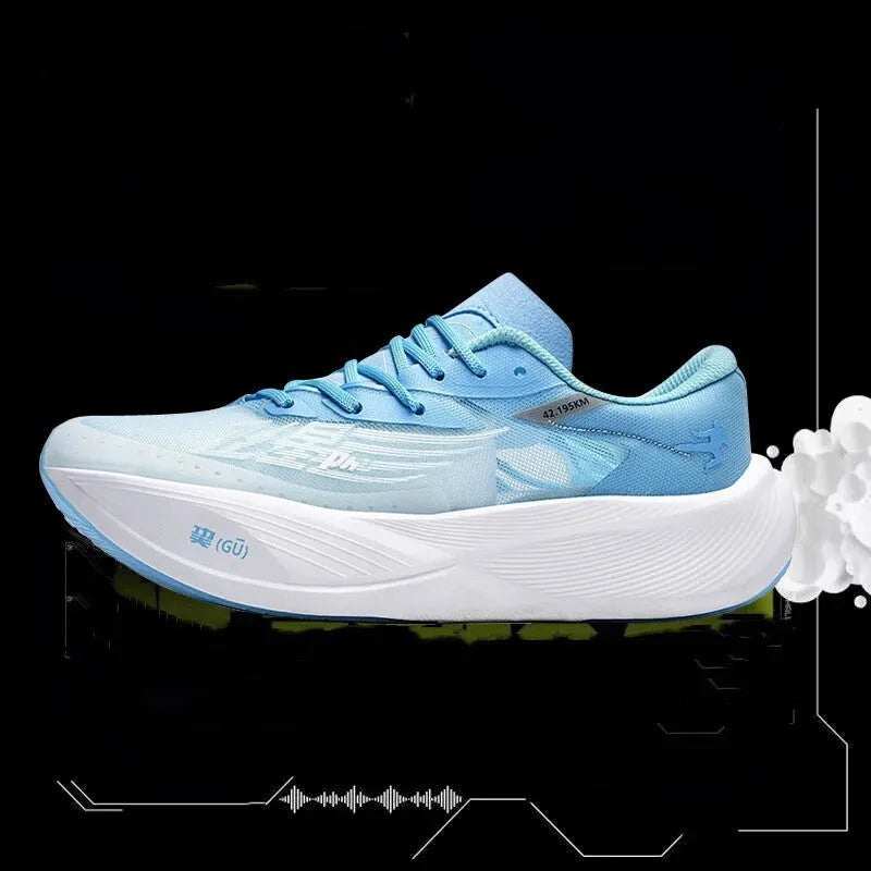 Low-top racing sneakers with carbon plate, PU mesh upper in multiple colours, and natural rubber sole.