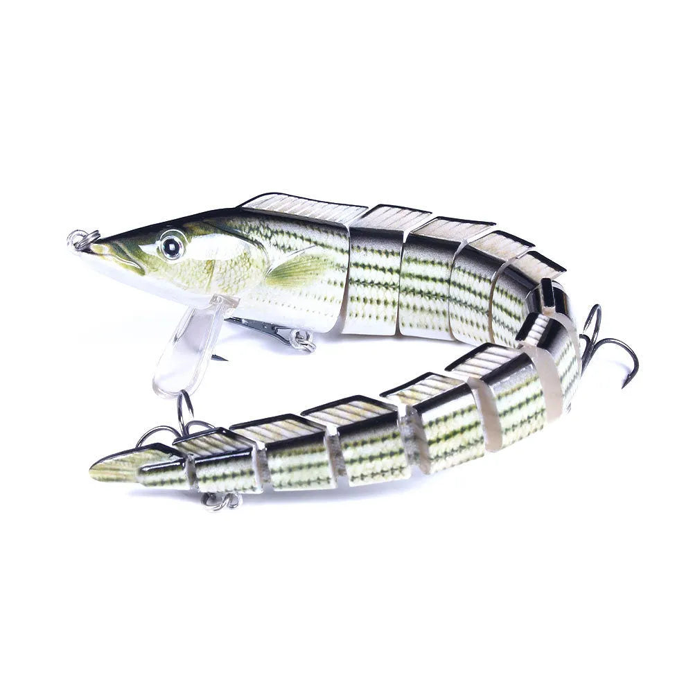 Multi-section simulated loach fishing lure showing segmented design with #2 treble hooks