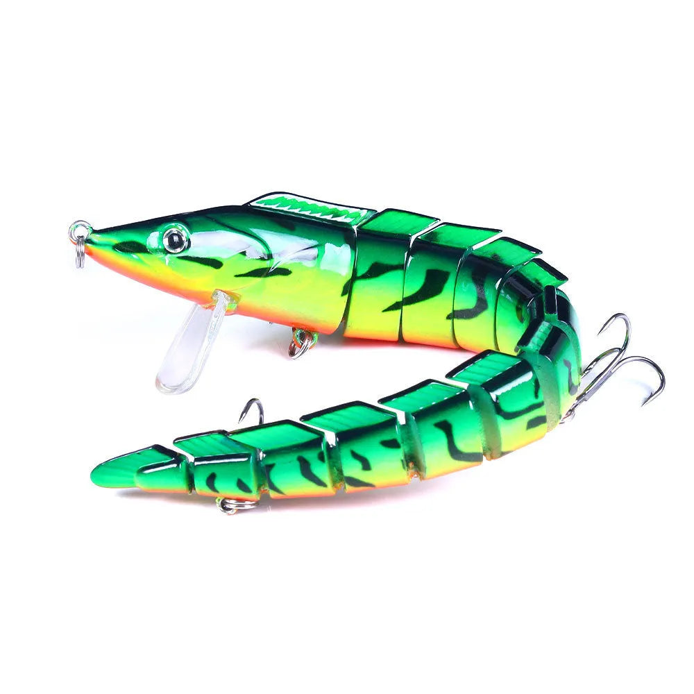 Multi-section simulated loach fishing lure showing segmented design with #2 treble hooks
