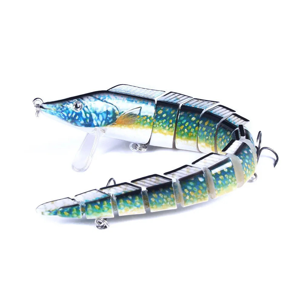Multi-section simulated loach fishing lure showing segmented design with #2 treble hooks
