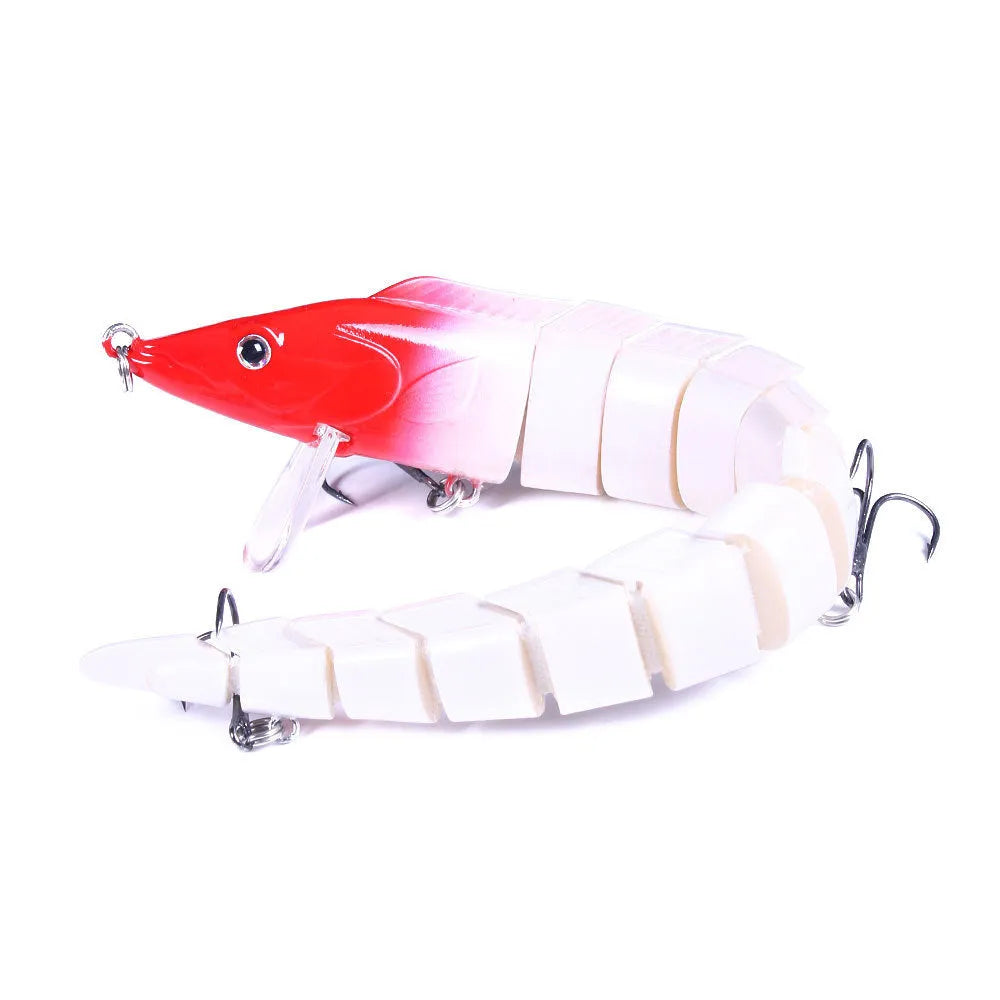 Multi-section simulated loach fishing lure showing segmented design with #2 treble hooks