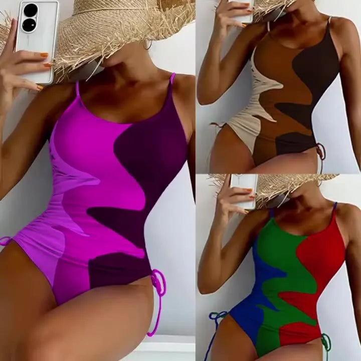 Women's sleeveless one-piece swimsuit in blue, purple, brown, or green colours with striped or solid patterns