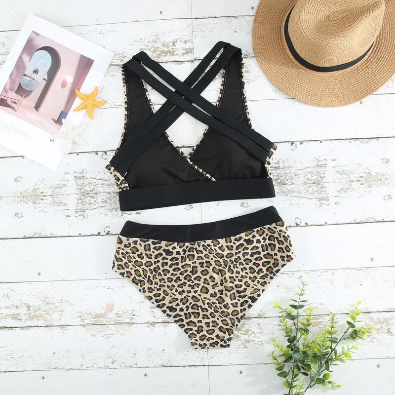 Leopard print women's bikini with cross-banded top and V-neck design