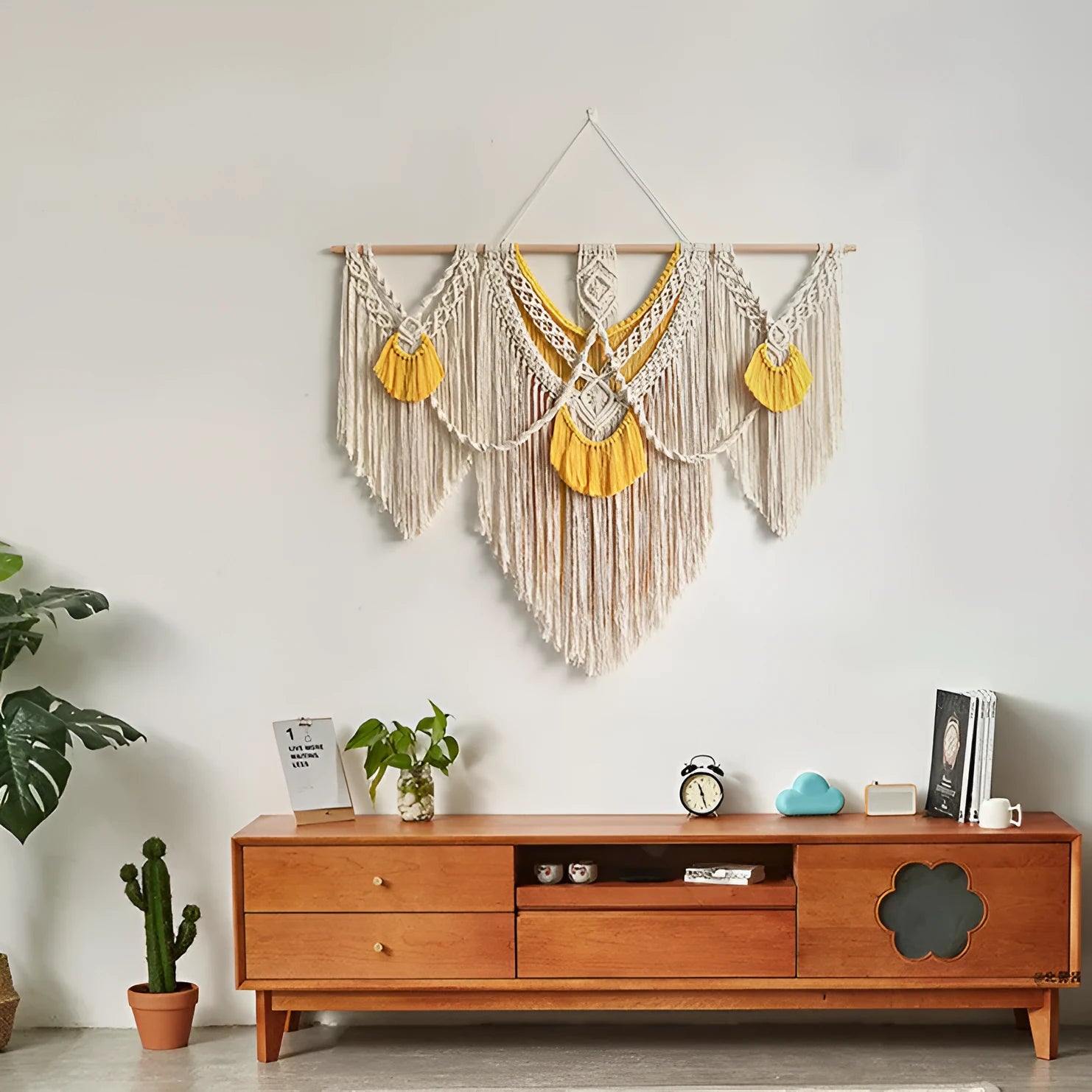 Nordic style cotton woven tapestry rectangle wall hanging 120x95cm creamy-white with yellow accents