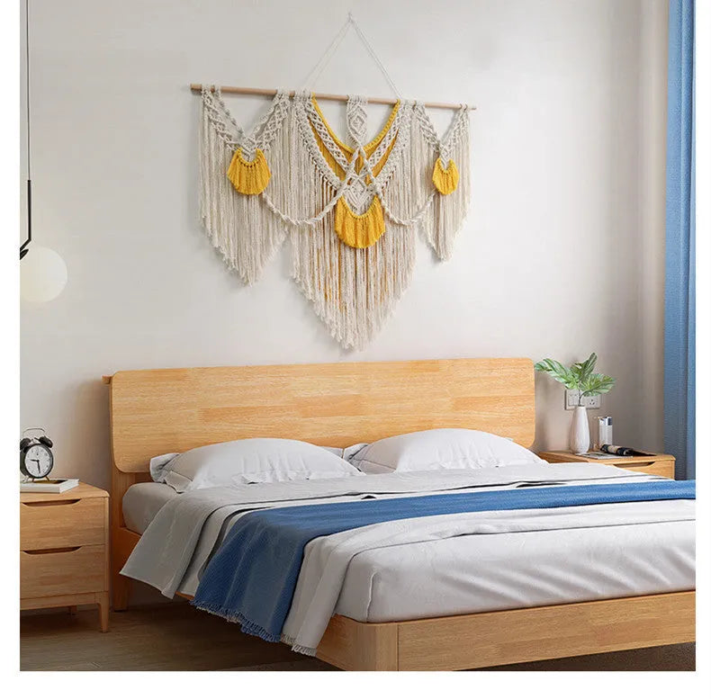 Nordic style cotton woven tapestry rectangle wall hanging 120x95cm creamy-white with yellow accents