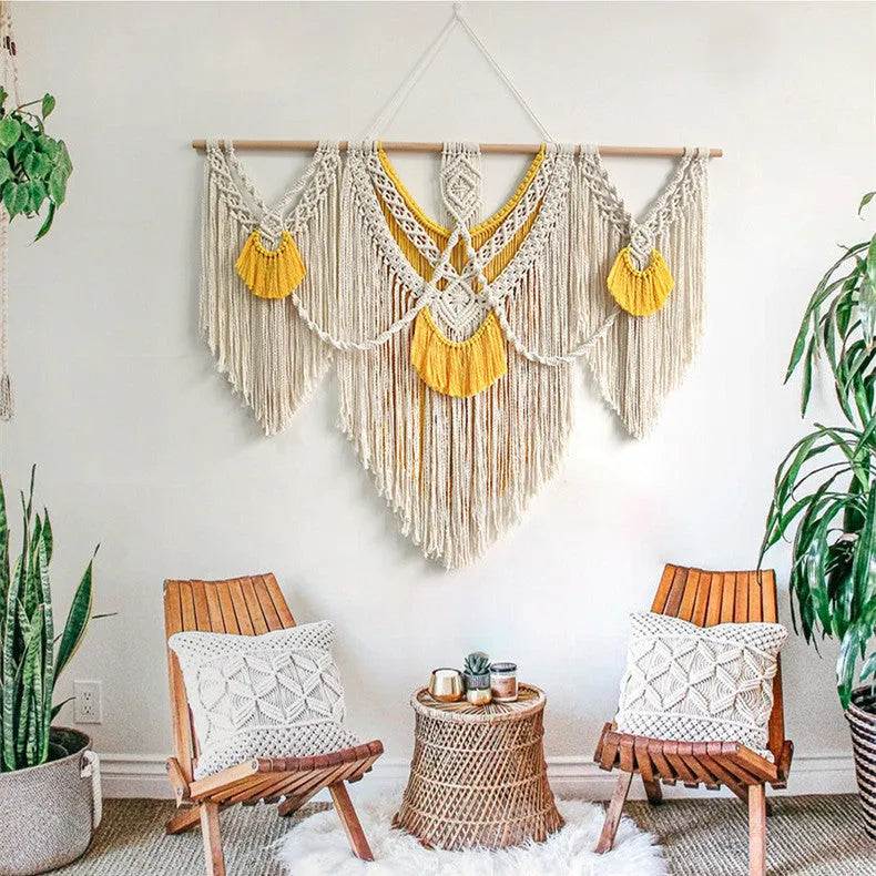 Nordic style cotton woven tapestry rectangle wall hanging 120x95cm creamy-white with yellow accents