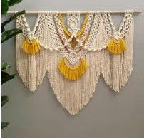 Nordic style cotton woven tapestry rectangle wall hanging 120x95cm creamy-white with yellow accents