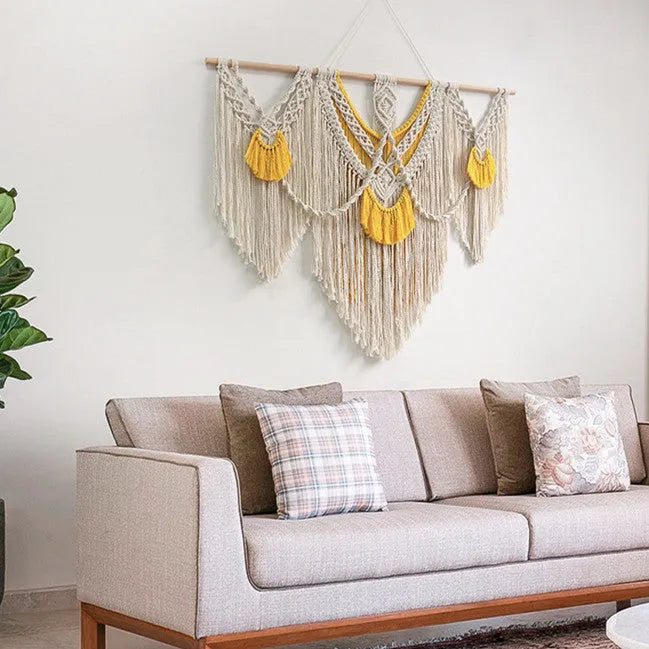 Nordic style cotton woven tapestry rectangle wall hanging 120x95cm creamy-white with yellow accents