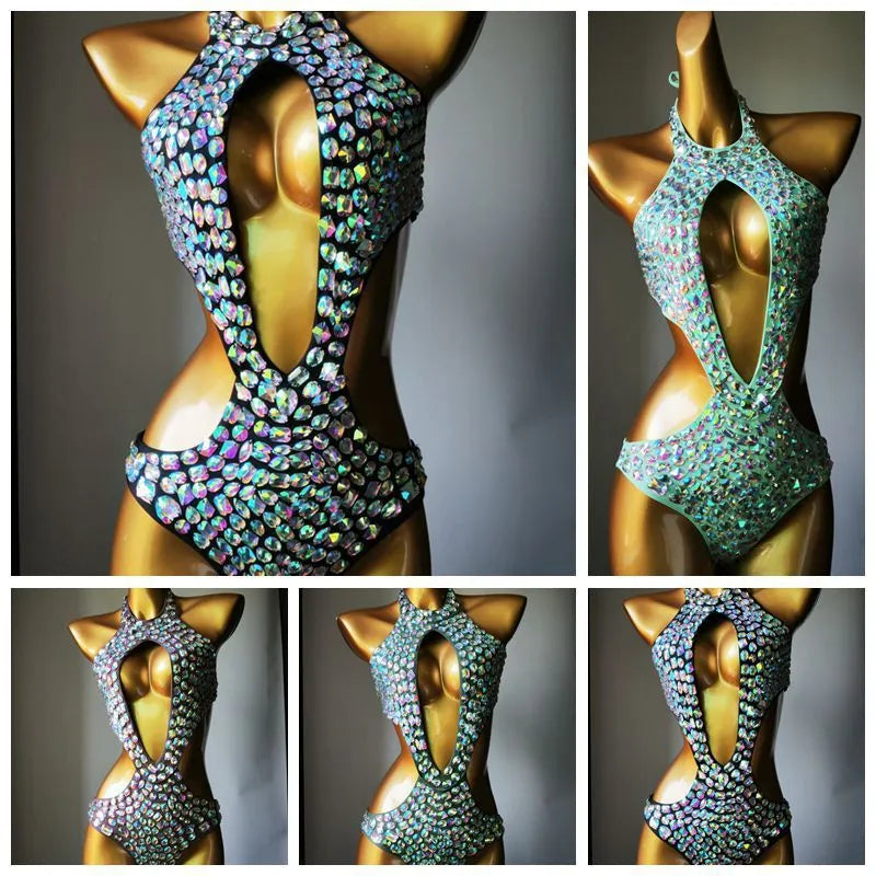 Women's one-piece swimsuit with mesh diamond pattern in Army Green colour