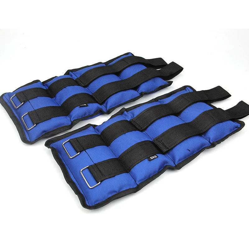 A pair of Oxford cloth legging sandbags for ankle weight training in track and field.