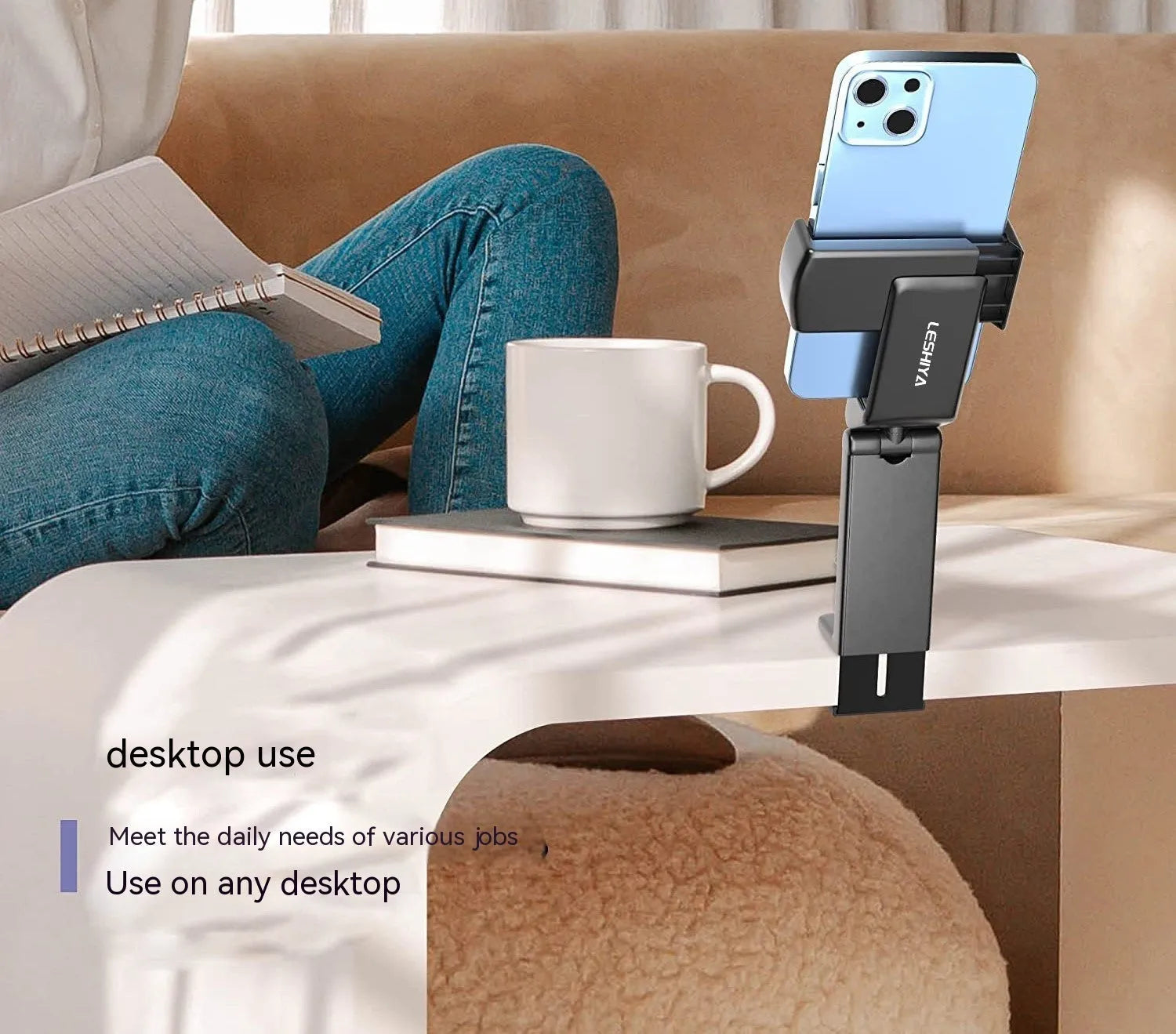 Foldable rotating universal smartphone stand in black, grey, or green colour on a flat surface