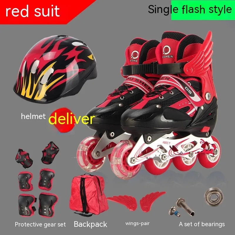 Adjustable children's skating shoes with aluminium frame wheels and protective gear set