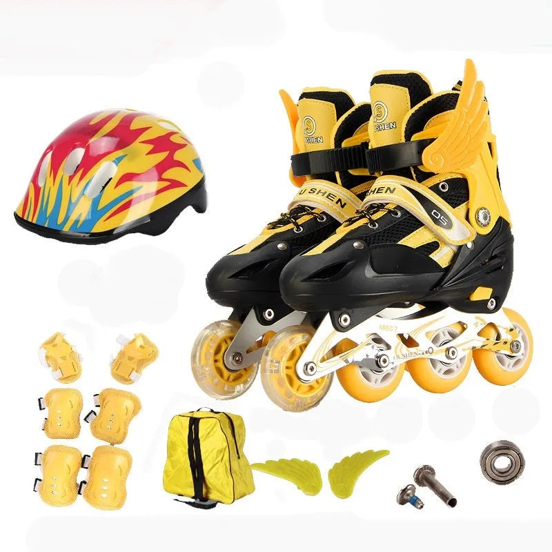 Adjustable children's skating shoes with aluminium frame wheels and protective gear set