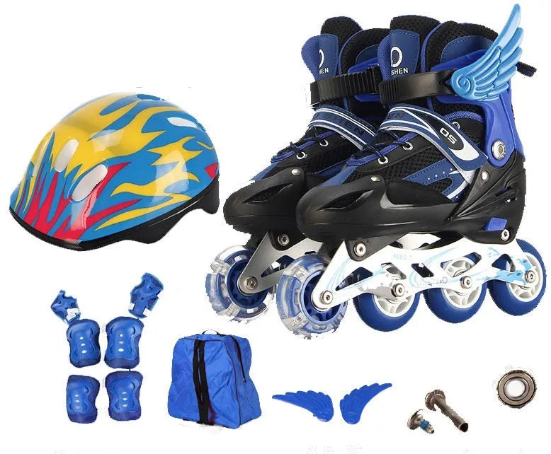 Adjustable children's skating shoes with aluminium frame wheels and protective gear set