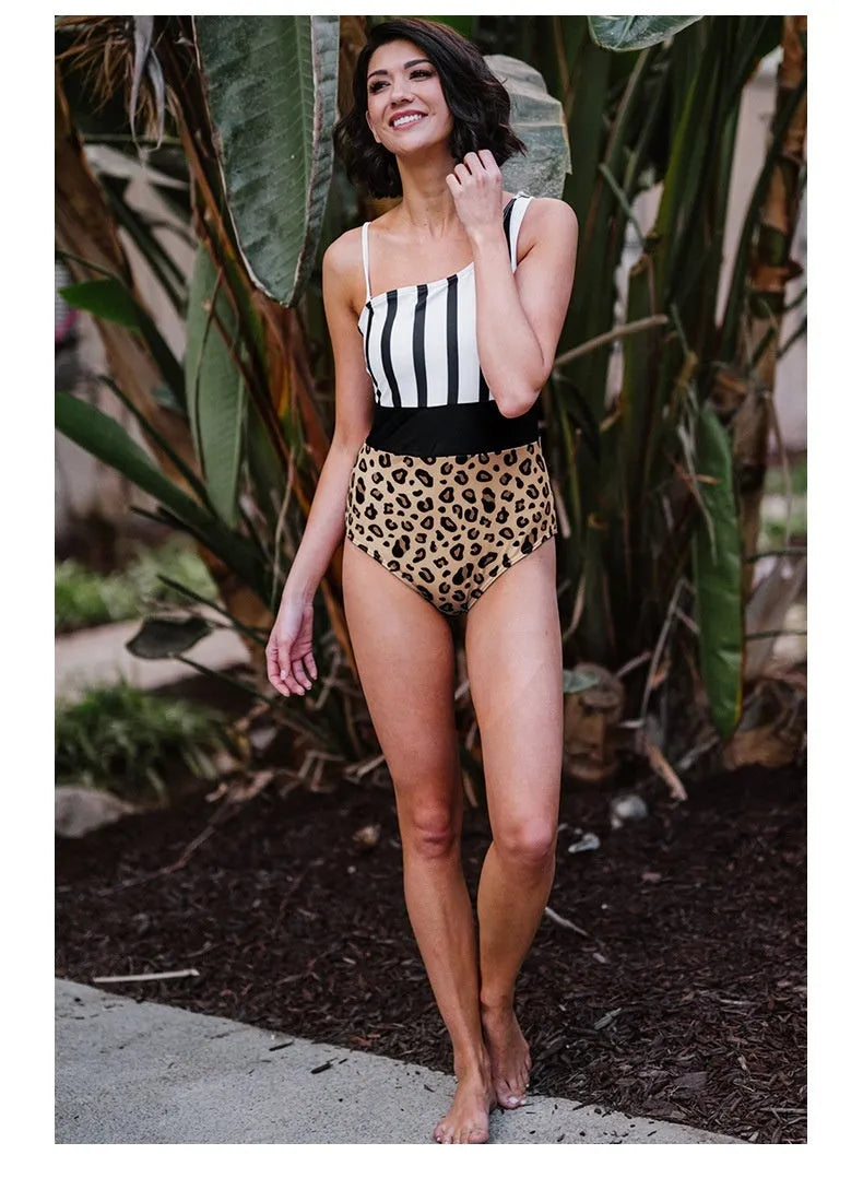 Leopard print one-piece swimsuit for women with an asymmetric collar and high waist.