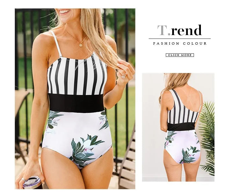 Leopard print one-piece swimsuit for women with an asymmetric collar and high waist.