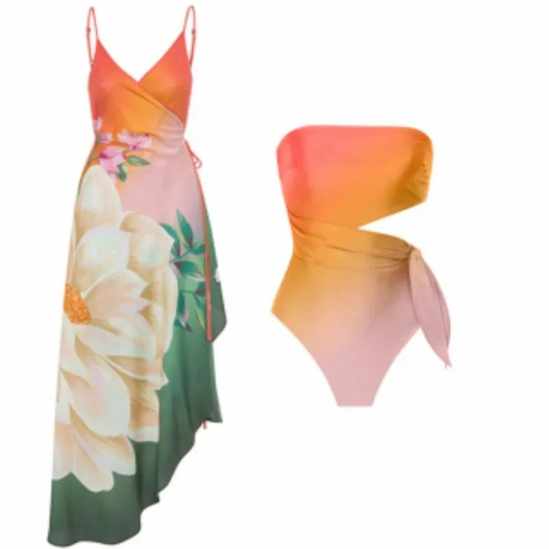 Women's retro printed one-piece swimsuit in French style with quick-dry polyester fabric