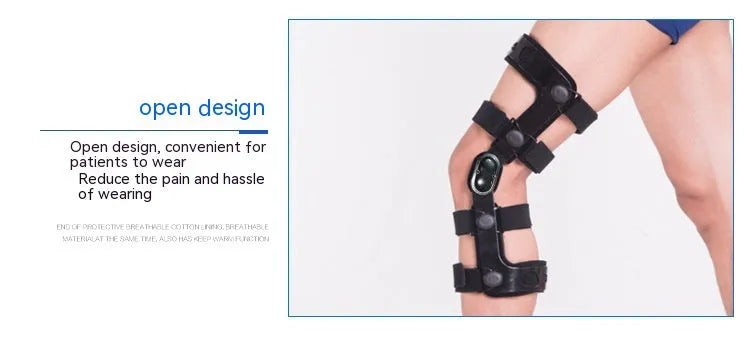 Black anterior knee support brace showing left and right specific versions for sizes S, M, L, and XL.