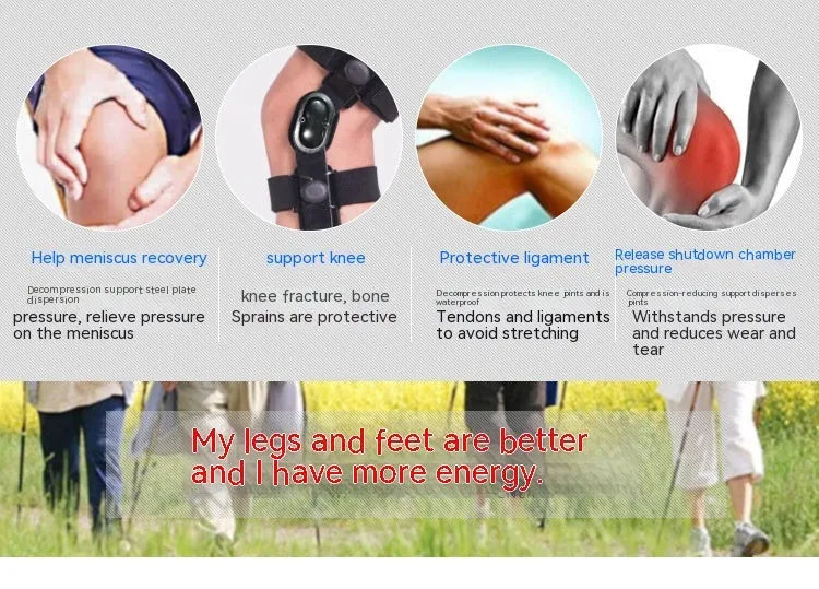 Black anterior knee support brace showing left and right specific versions for sizes S, M, L, and XL.