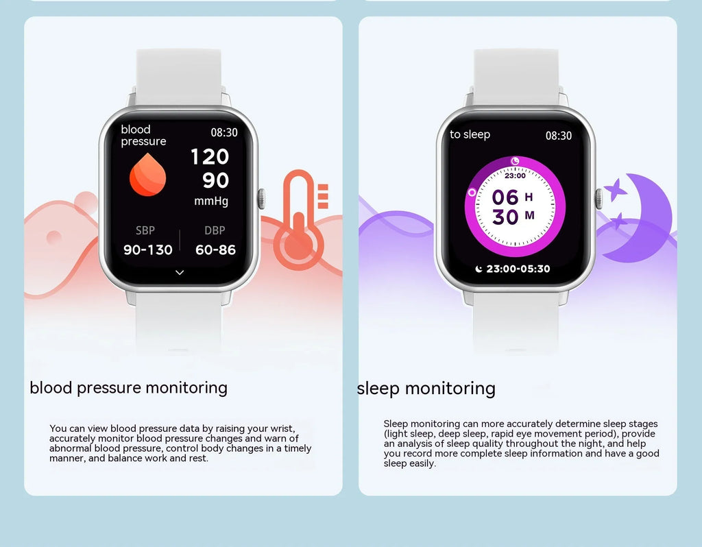 One-Click Link AI Voice Bluetooth smart watch showing heart rate display on a TFT touch screen.