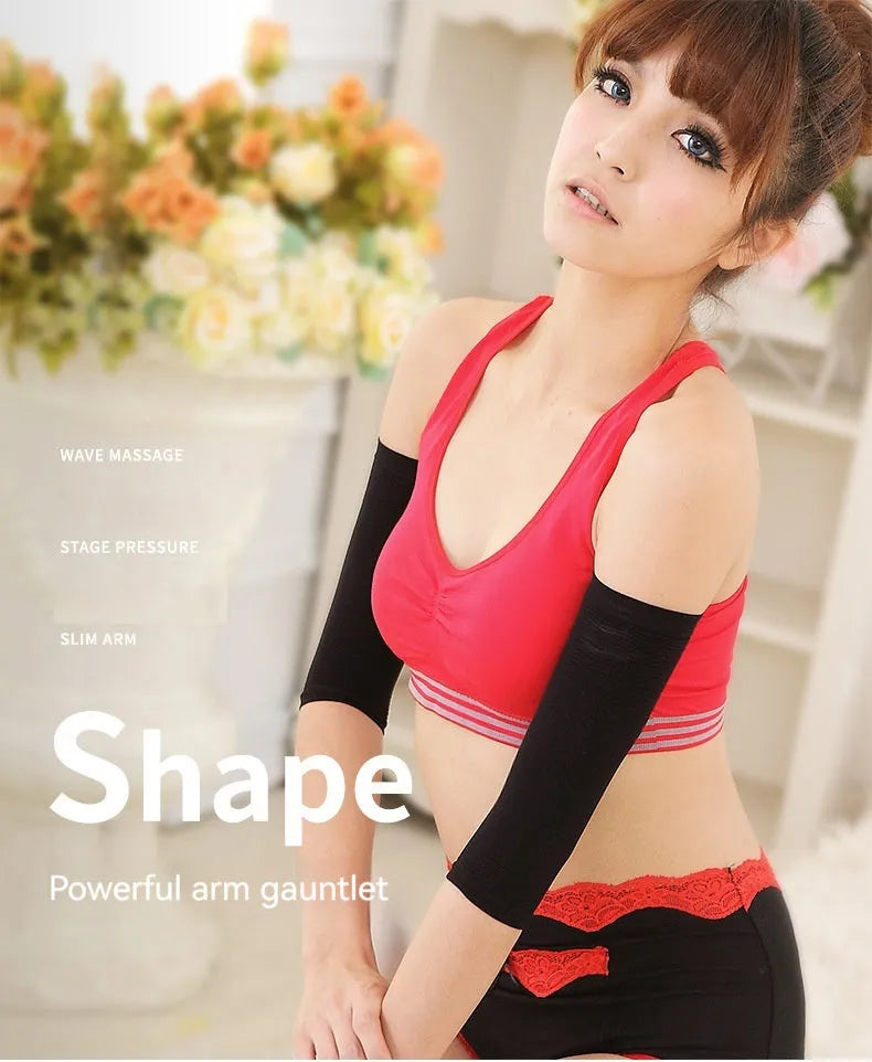 Pair of women's black shaping arm sleeves made from nylon fabric for upper arms.