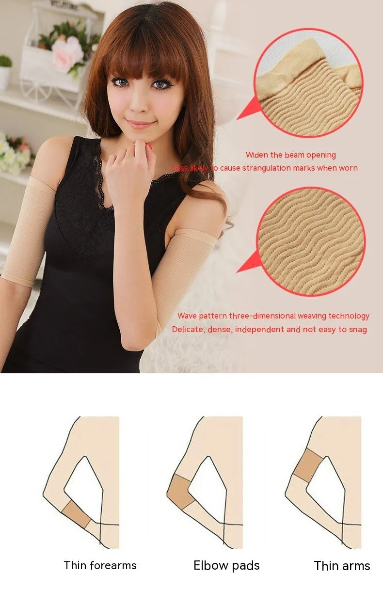 Pair of women's black shaping arm sleeves made from nylon fabric for upper arms.