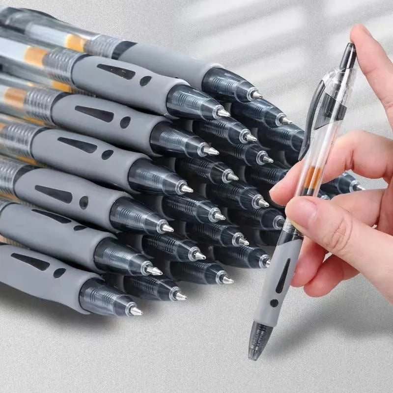0.5mm gel pen in plastic construction with black, red and blue ink colour options