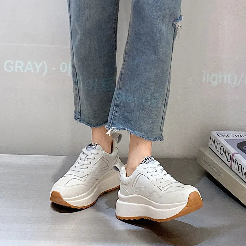 Women's white beige cowhide leather casual sports shoes with cross strap and English muffin heel