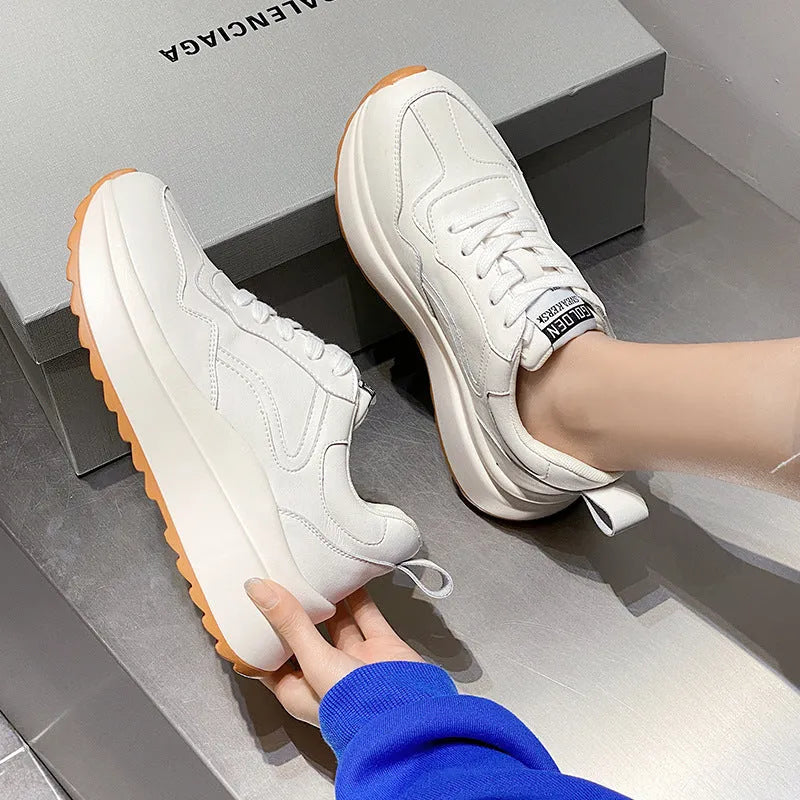 Women's white beige cowhide leather casual sports shoes with cross strap and English muffin heel