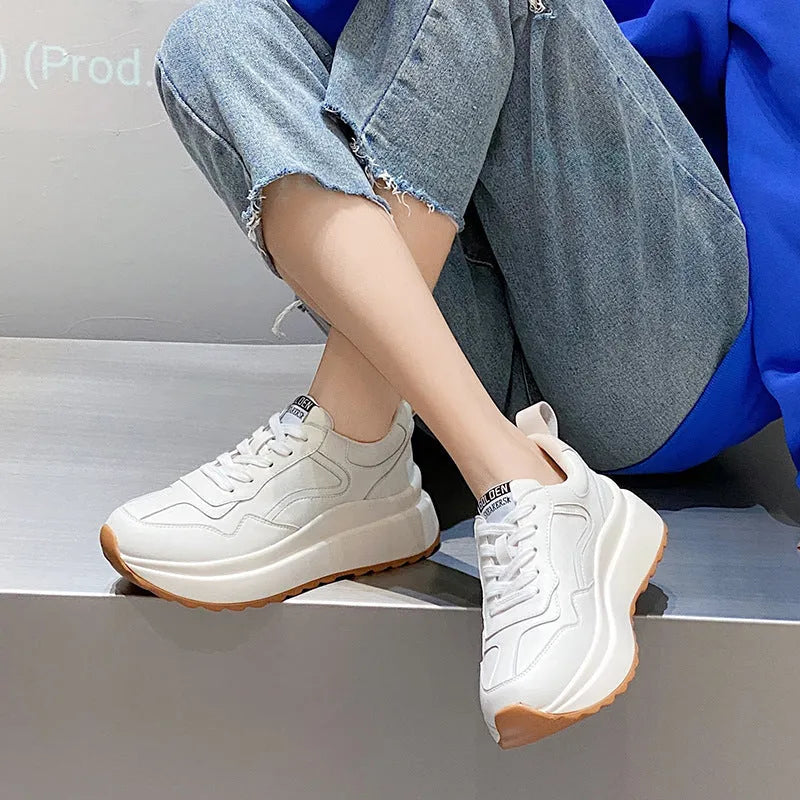 Women's white beige cowhide leather casual sports shoes with cross strap and English muffin heel