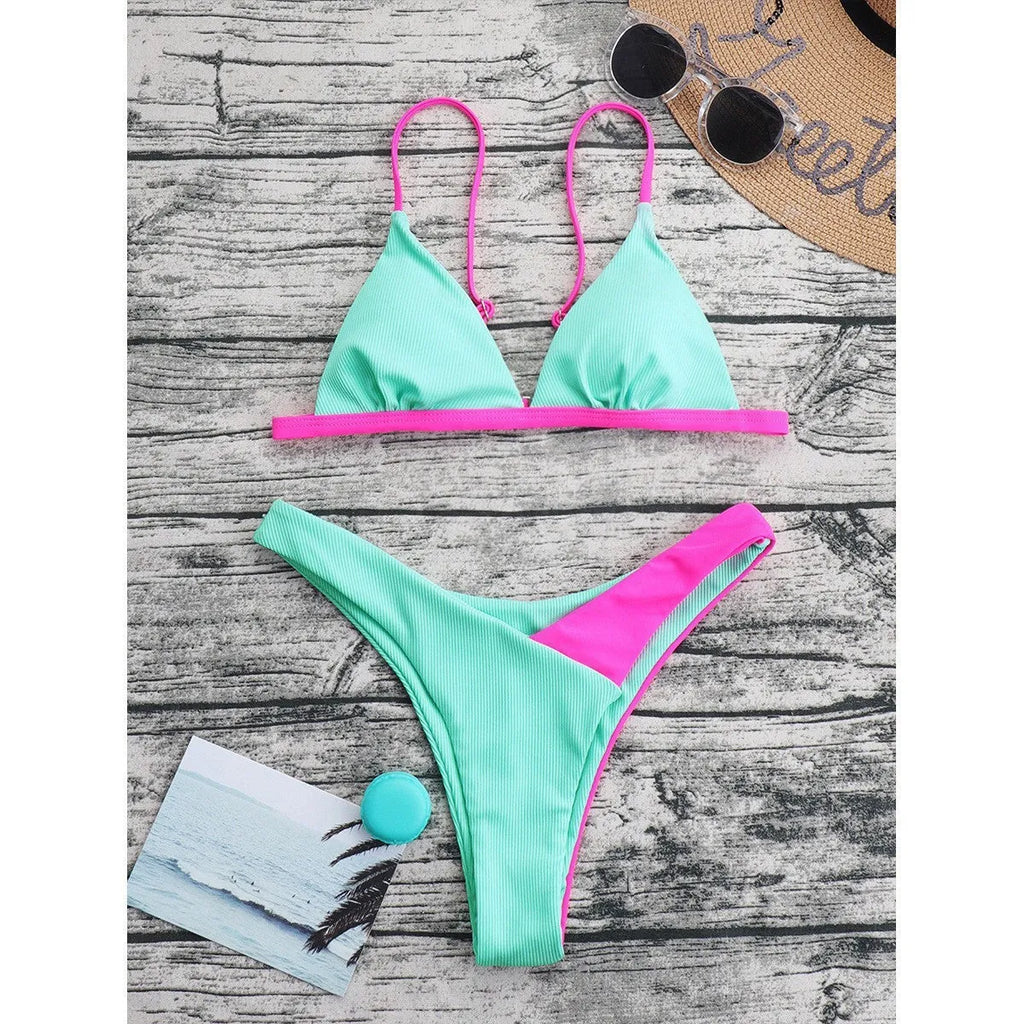 Women's fashion bikini set with bra top and briefs in a colourful pattern.