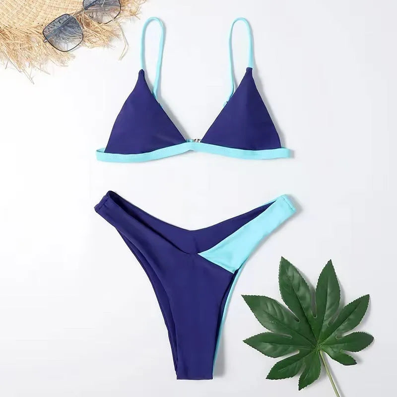 Women's fashion bikini set with bra top and briefs in a colourful pattern.