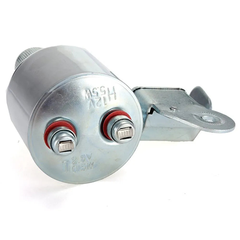 Silver bicycle dynamo generator light mounted on bicycle frame for friction-powered front and rear illumination