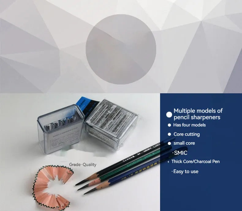 Four-hole geometric plastic pencil sharpener with included screwdriver on a white background.