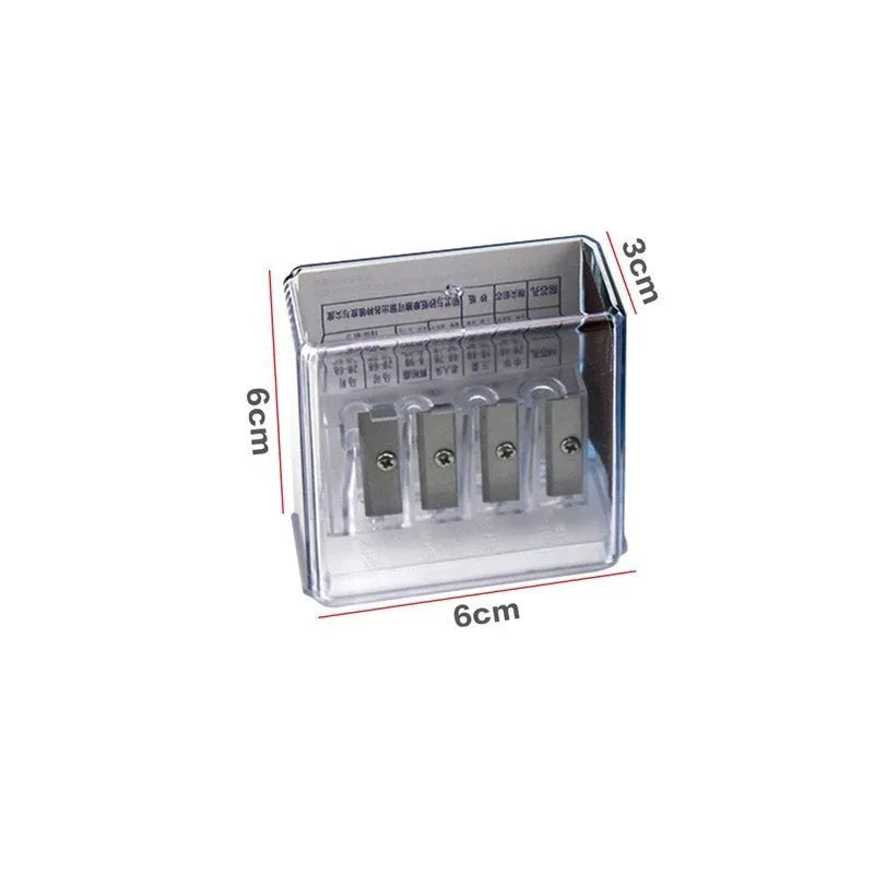 Four-hole geometric plastic pencil sharpener with included screwdriver on a white background.