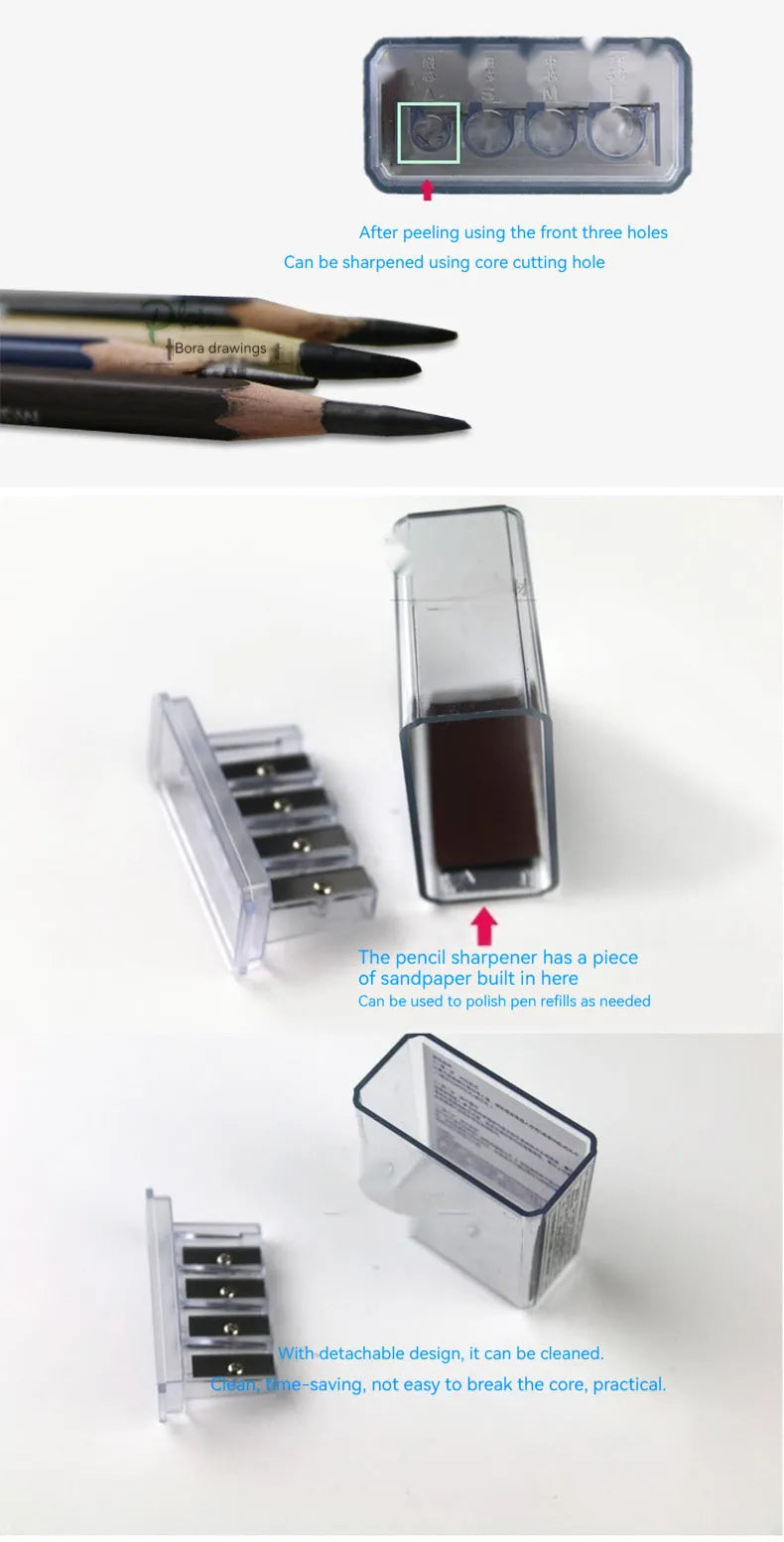 Four-hole geometric plastic pencil sharpener with included screwdriver on a white background.