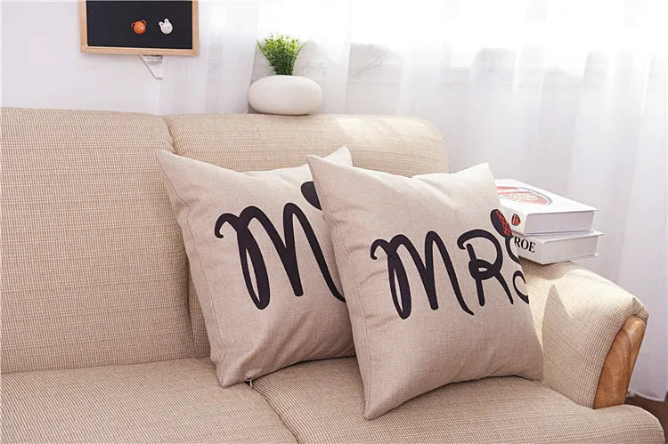 Cartoon Valentine linen pillowcase 45x45cm square cushion cover with MR MRS print on sofa