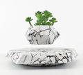Marble-coloured levitating plant pot floating above magnetic base with small indoor plant