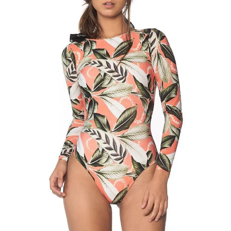 Women's backless one-piece swimsuit with leaf floral pattern in polyester fabric