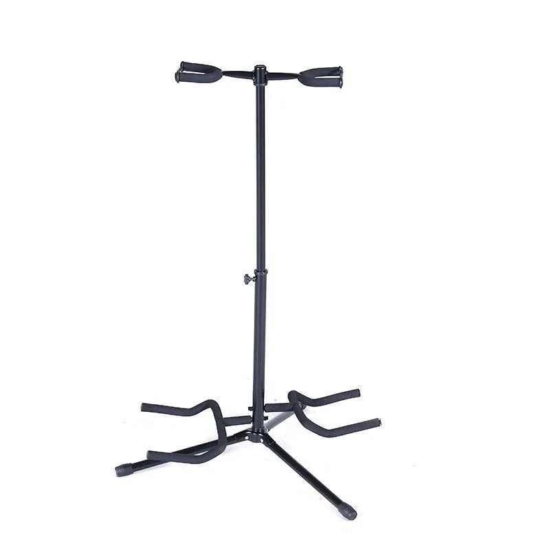 Black vertical double-headed adjustable guitar stand for acoustic and electric instruments