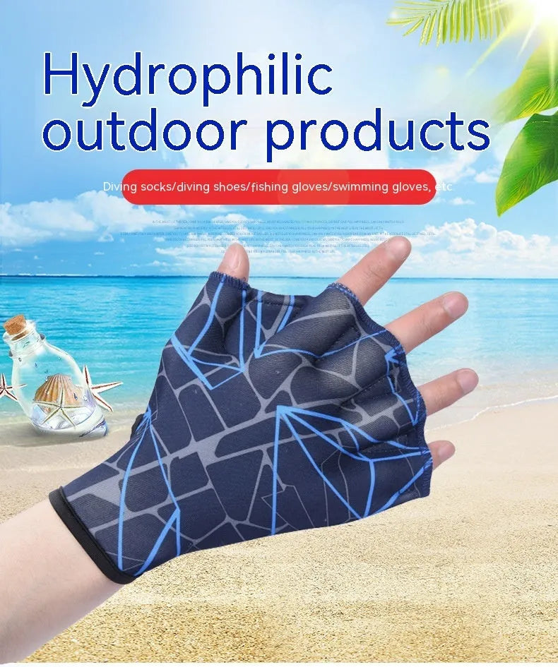 Duck feet webbed swimming gloves in multiple colour prints including green, rose, navy blue, orange, and grey orange.