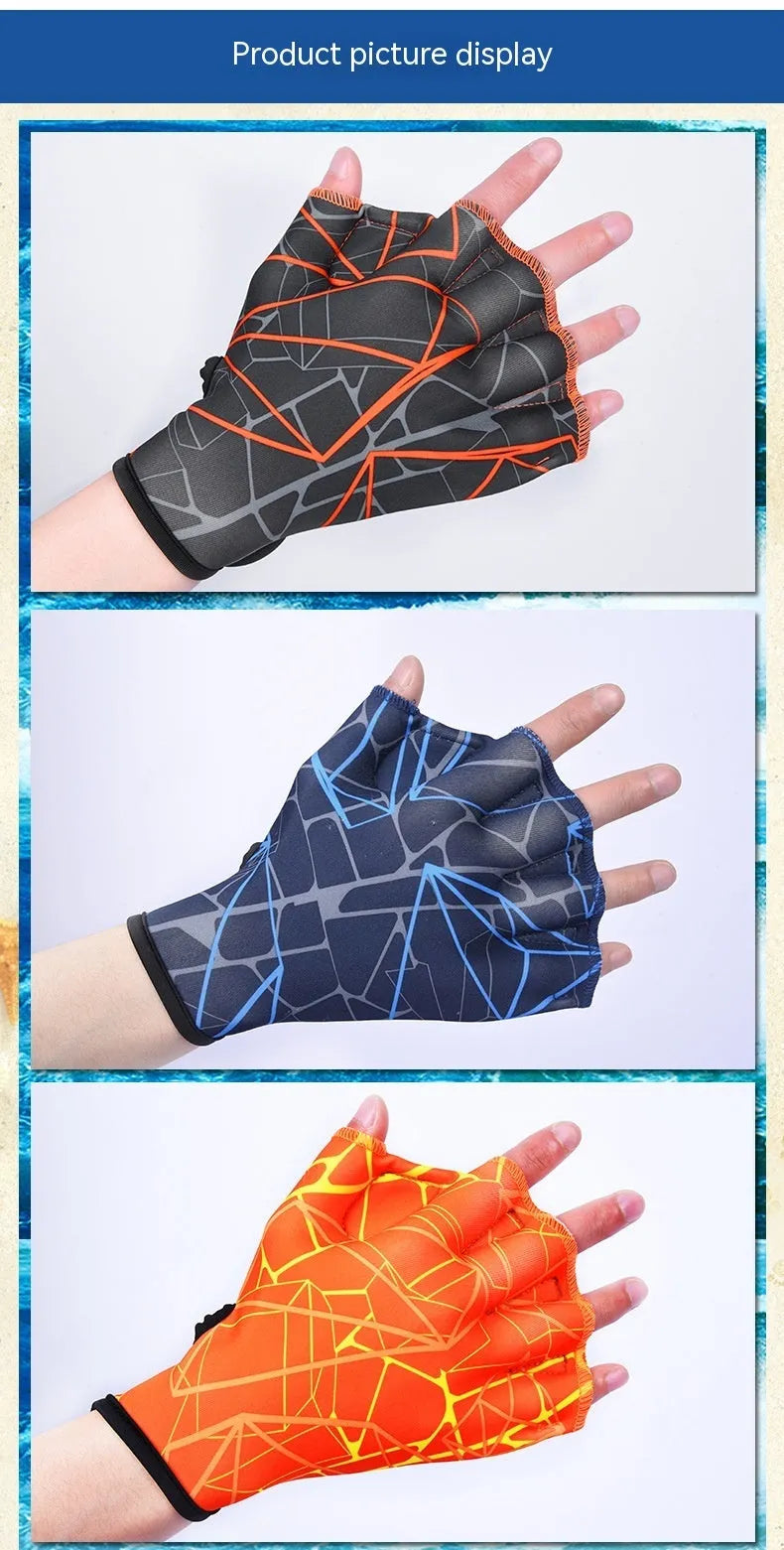 Duck feet webbed swimming gloves in multiple colour prints including green, rose, navy blue, orange, and grey orange.