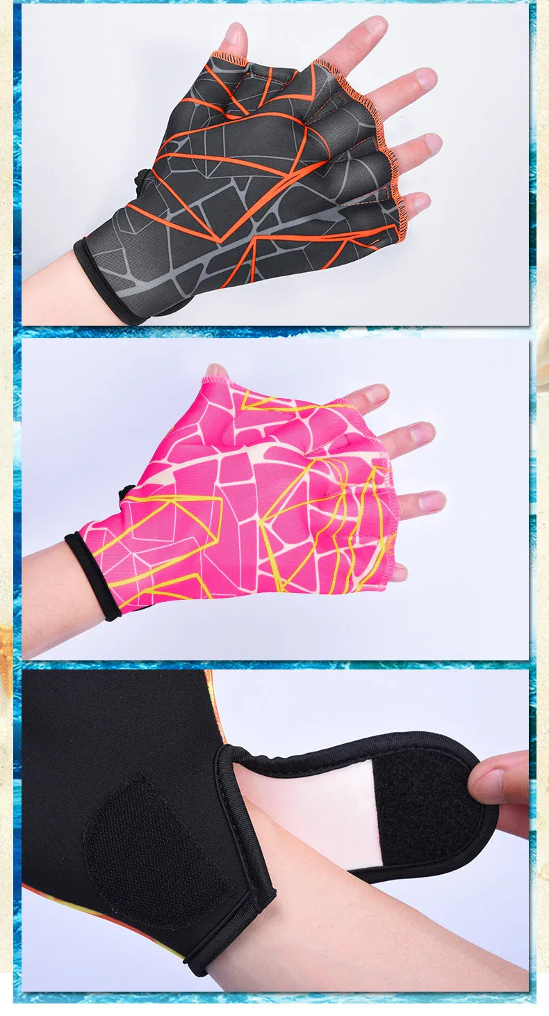 Duck feet webbed swimming gloves in multiple colour prints including green, rose, navy blue, orange, and grey orange.