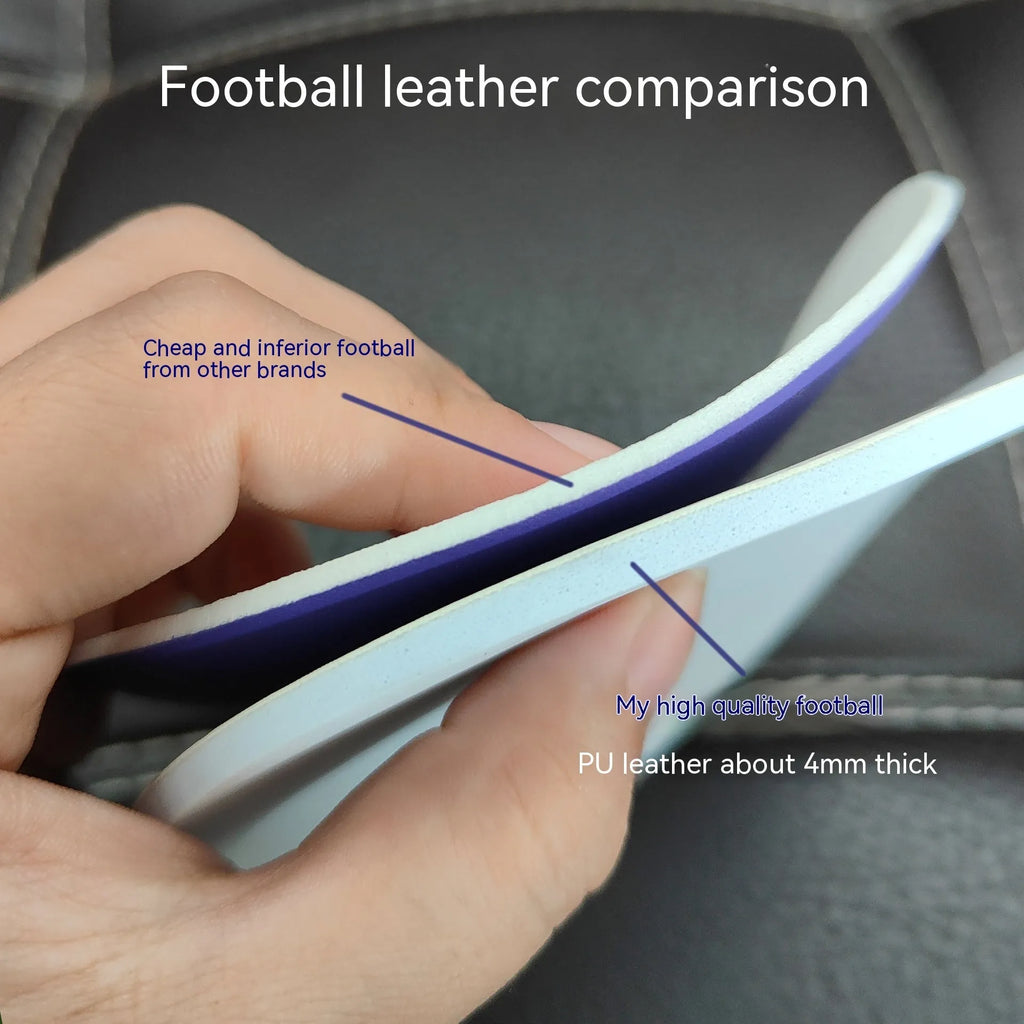 Fluorescent green Size 5 PU football with seamless thermal adhesive patch construction on grass.