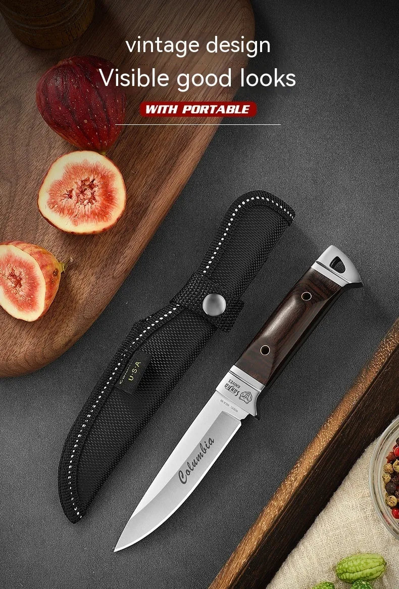 Camping portable fruit knife with stainless steel blade and leather sheath in national style design
