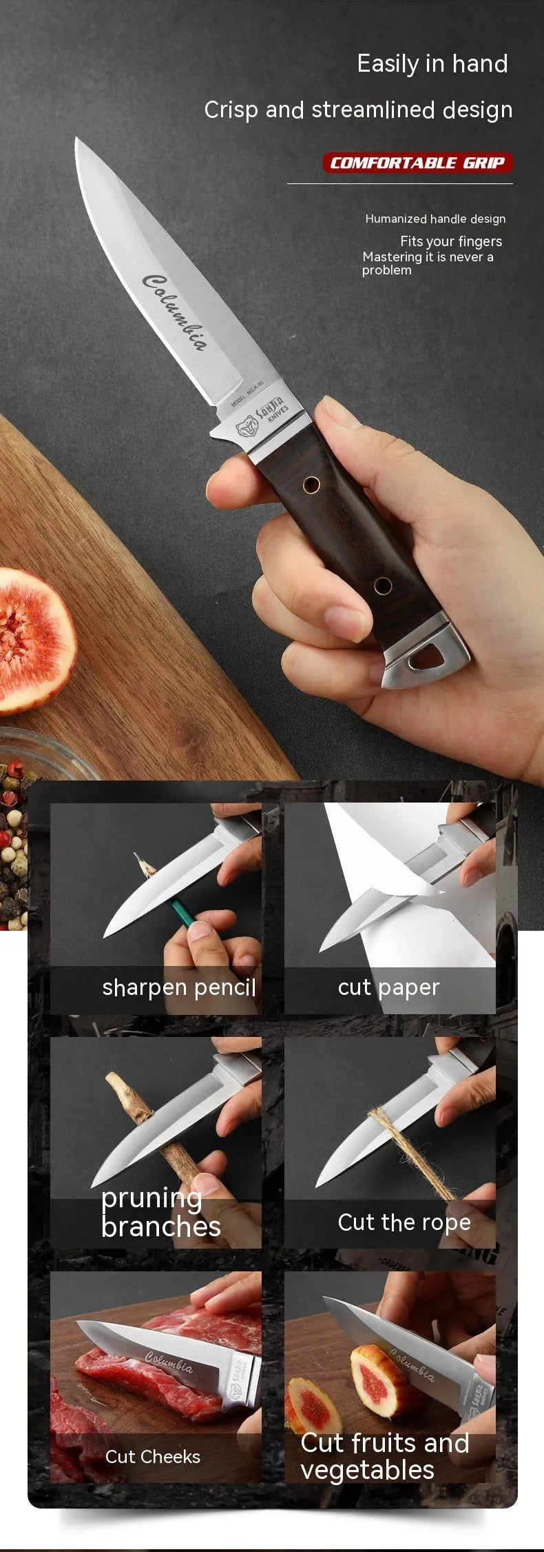 Camping portable fruit knife with stainless steel blade and leather sheath in national style design