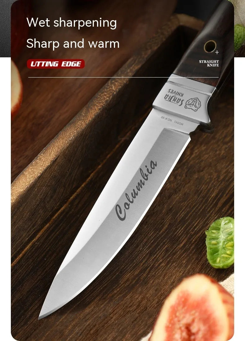 Camping portable fruit knife with stainless steel blade and leather sheath in national style design
